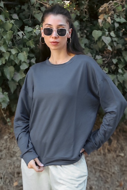 Kadın Owersize Bisiklet Yaka Sweet  Füme 6