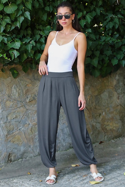 Kadın Cepli Pileli Şalvar Pantolon  Füme 6