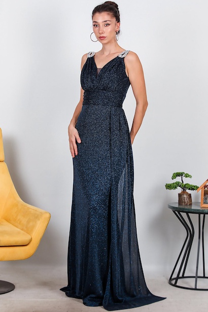 Kadın Omuz Aksesuarlı Uzun Simli Abiye 