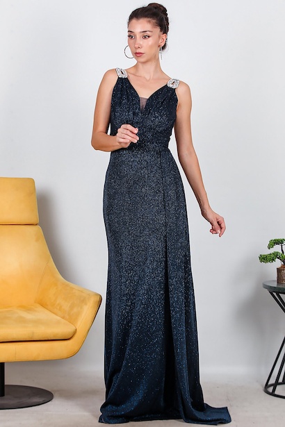 Kadın Omuz Aksesuarlı Uzun Simli Abiye  Lacivert 6