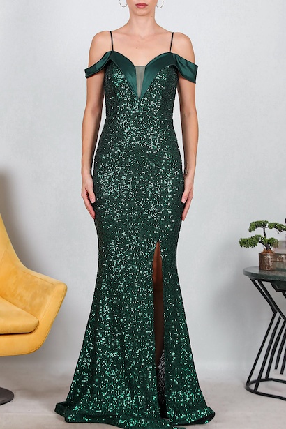 Kadın Saten Yaka Detaylı Uzun Pullu Abiye  Zümrüt 6