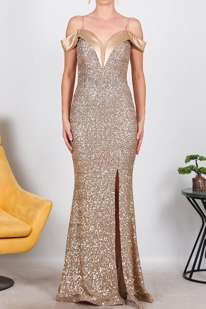 Kadın Saten Yaka Detaylı Uzun Pullu Abiye  Bakır 6