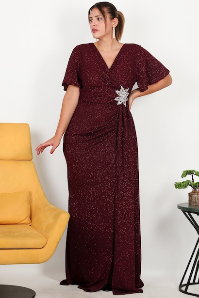 Büyük Beden Beli Çiçek Motif Taşlı Uzun Abiye  Bordo
