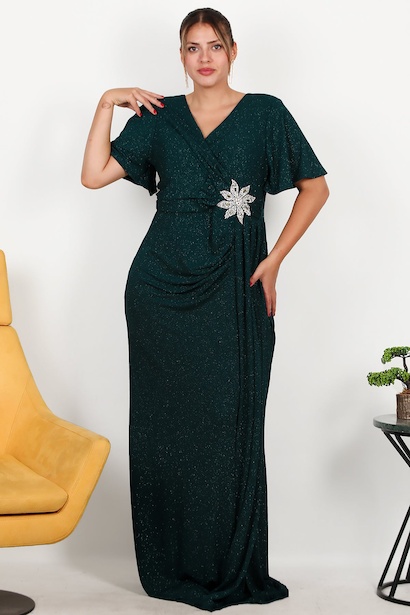 Büyük Beden Beli Çiçek Motif Taşlı Uzun Abiye 