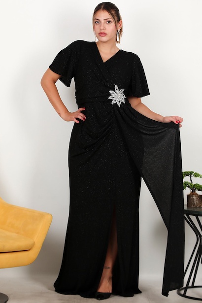 Büyük Beden Beli Çiçek Motif Taşlı Uzun Abiye  Siyah