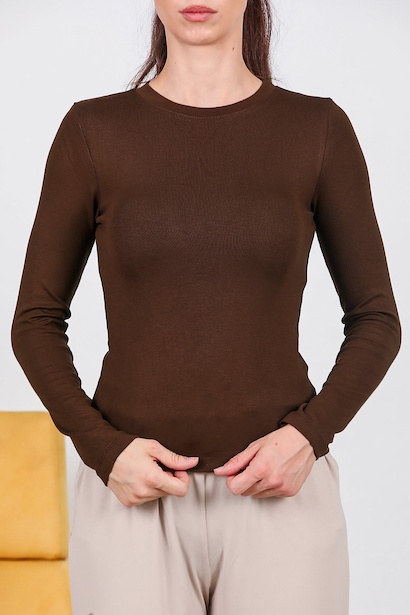 Kadın Bisiklet Yaka Bluz  Kahverengi 6