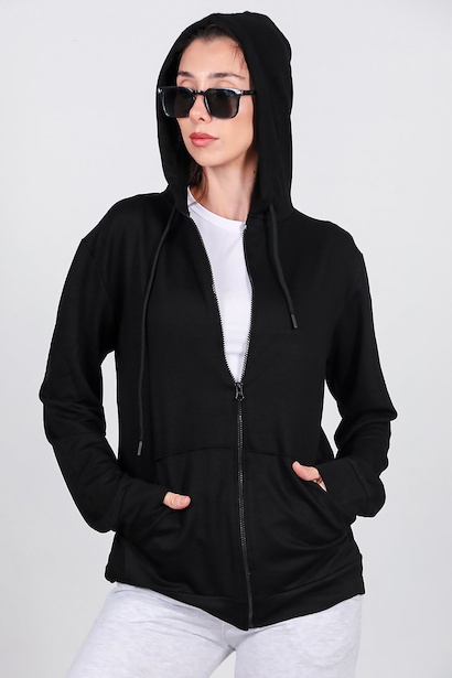 Kadın Fermuarlı Cepli Kapşonlu Ceket  Siyah 6