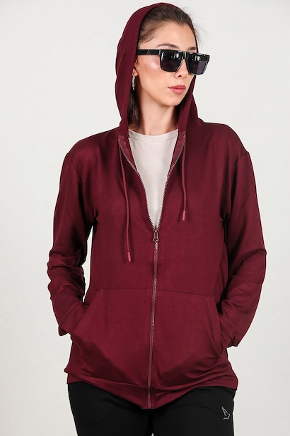 Kadın Fermuarlı Cepli Kapşonlu Ceket  Bordo 6