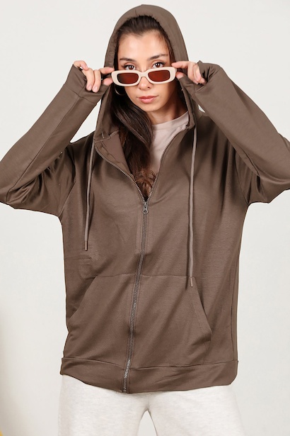 Kadın Fermuarlı Cepli Kapşonlu Ceket 