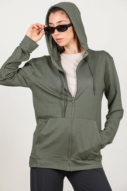 Kadın Fermuarlı Cepli Kapşonlu Ceket  Haki 6