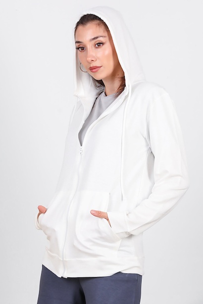 Kadın Fermuarlı Cepli Kapşonlu Ceket  Ekru 6