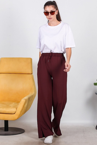 Kadın Yırtmaçlı Bol Paça Pantolon  Bordo 6