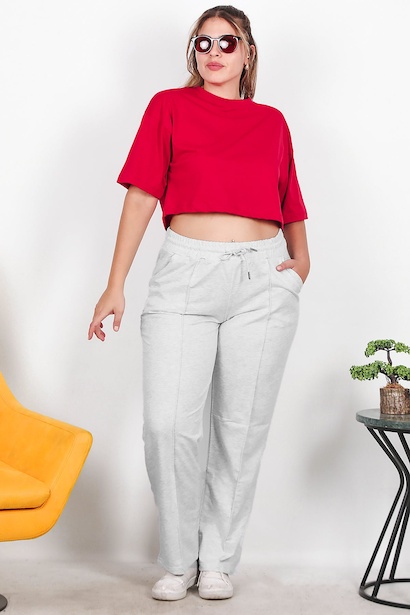 Büyük Beden Çimalı Düz Paça Eşofman  Gri 6