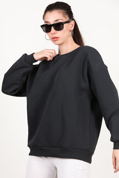 Kadın Bisiklet Yaka Üç İplik Oversize Sweat  Füme
