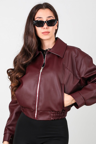 Kadın Bel Lastikli Deri Ceket