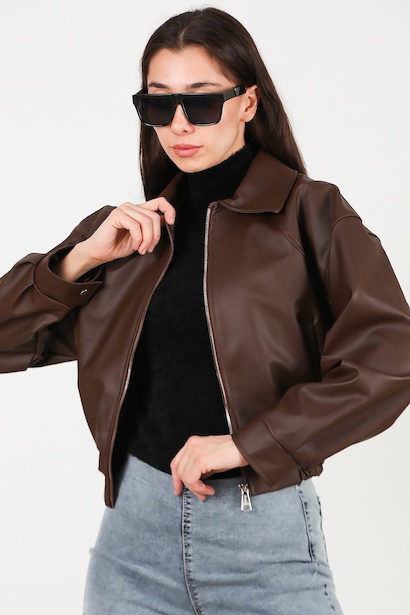 Kadın Bel Lastikli Deri Ceket