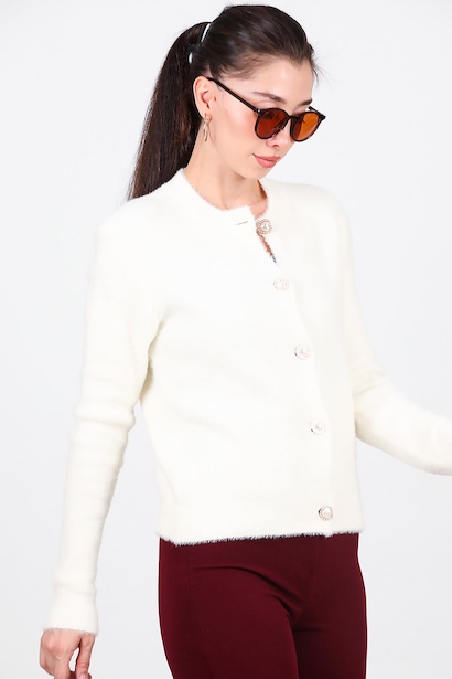 Kadın Düğmeli Sakallı Hırka  Ekru 6