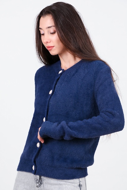 Kadın Düğmeli Sakallı Hırka  Lacivert 6