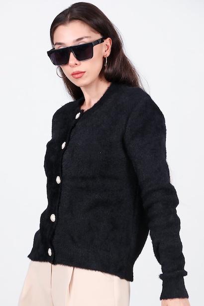 Kadın Düğmeli Sakallı Hırka  Siyah 6