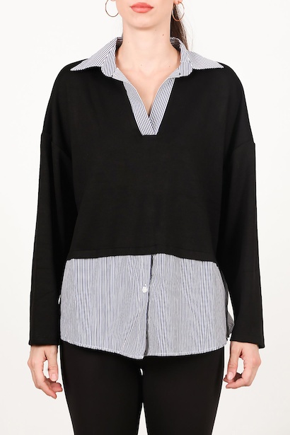 Kadın Çizgili Gömlekli Bluz  Siyah 6
