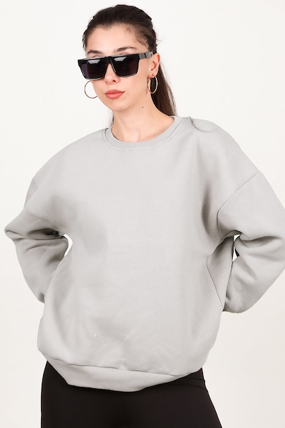 Kadın Bisiklet Yaka Üç İplik Oversize Sweat 