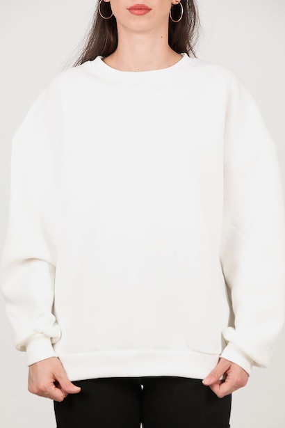 Kadın Bisiklet Yaka Üç İplik Oversize Sweat  Ekru 6