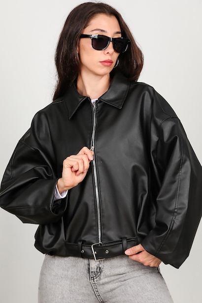 Kadın Beli Kemerli Deri Ceket 
