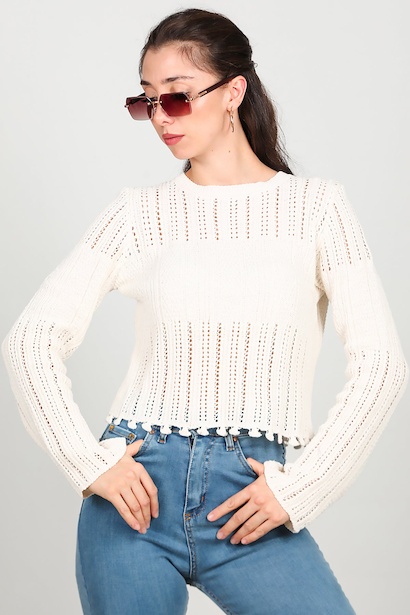 Kadın Alt Püsküllü Triko  Ekru 6