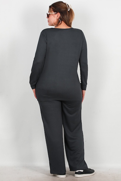 Büyük Beden Leoparlı Taş İşlemeli Takım  Füme 6