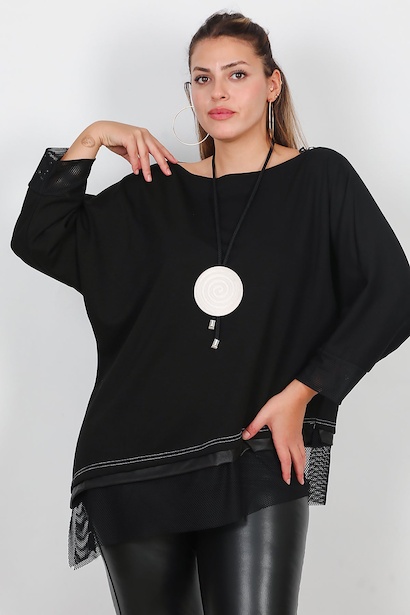 Büyük Beden Kol Ve Etek Ucu File Detay Bluz 