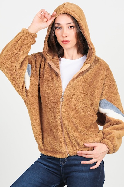 Kadın Kapşonlu Kol Çizgi Detay Peluş Ceket  Bej 6
