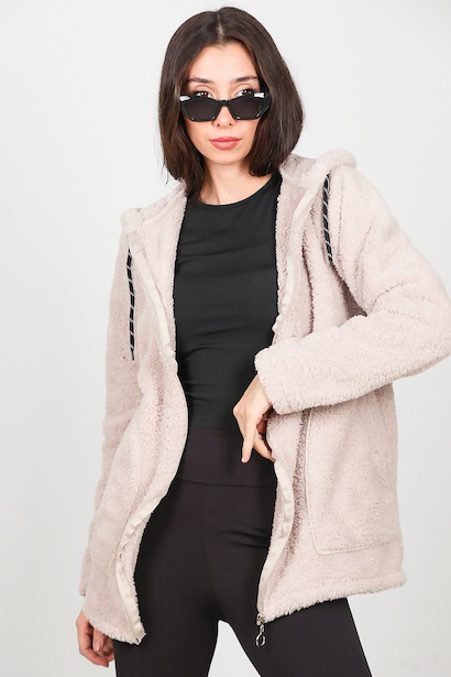 Kadın Kapşonlu Fermuarlı Peluş Ceket 