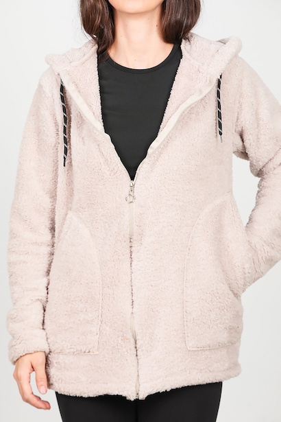Kadın Kapşonlu Fermuarlı Peluş Ceket  Taş 6