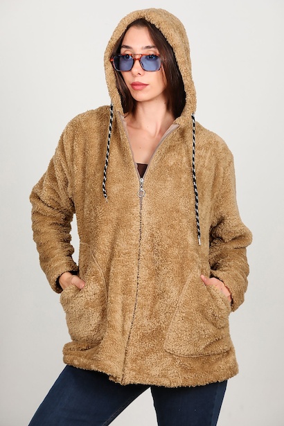 Kadın Kapşonlu Fermuarlı Peluş Ceket  Bej 6