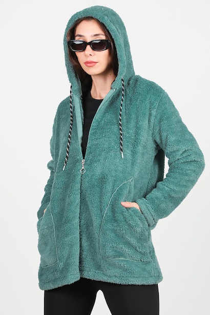 Kadın Kapşonlu Fermuarlı Peluş Ceket  Mint 6