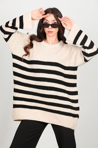 Kadın Çizgili Triko Kazak 