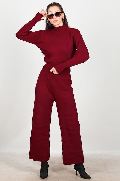 Kadın Parmak Geçmeli Triko Takım  Bordo 6