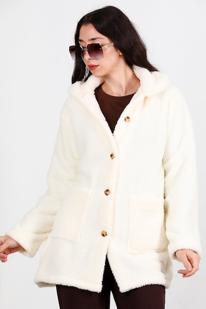 Kadın Önü Düğmeli Peluş Ceket  Ekru 6