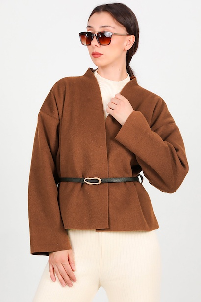 Kadın Deri Kemerli Kaşe Ceket 