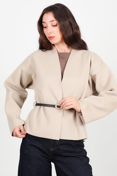 Kadın Deri Kemerli Kaşe Ceket 