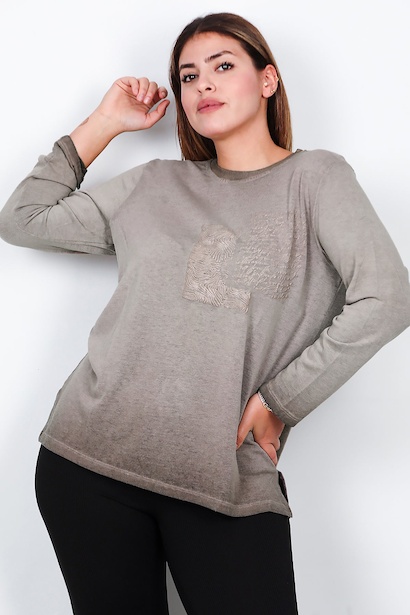 Büyük Beden Bisiklet Yaka Kabartma Yazılı Bluz 