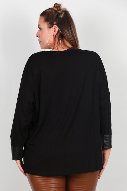 Büyük Beden Deri Detay Bluz  Siyah 6