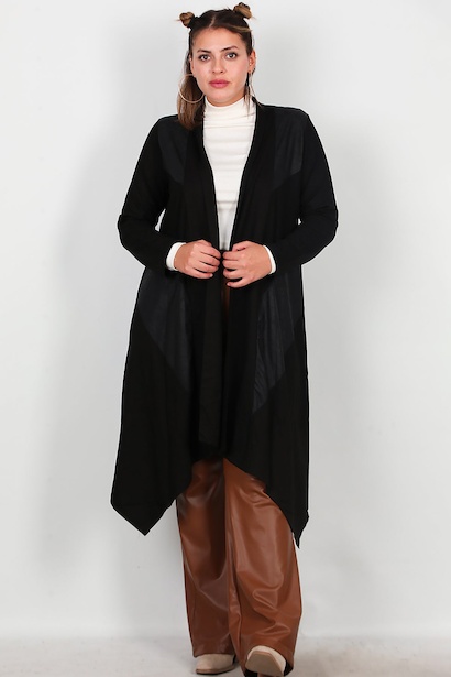 Büyük Beden Deri Detay Hırka 