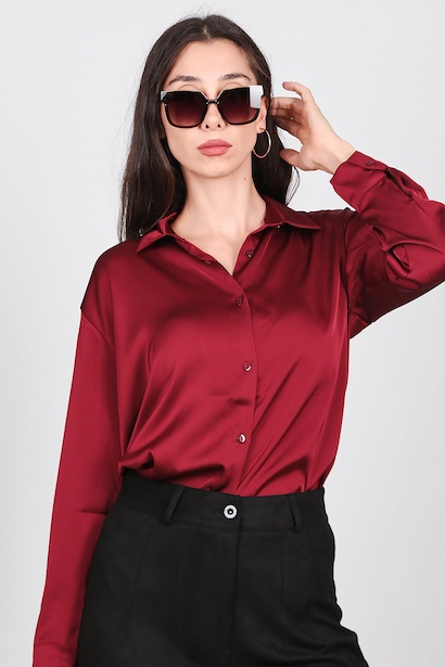 Kadın Düz Saten Gömlek  Bordo 6