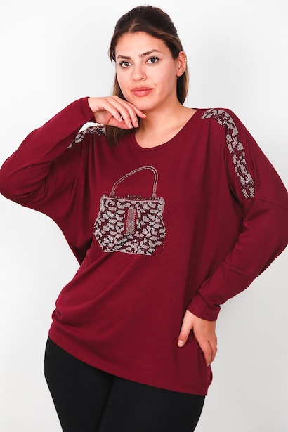 Büyük Beden Ön Çanta Baskılı Uzun Kol Bluz 