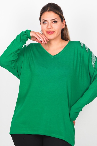 Büyük Beden V Yaka Omuz Taşlı Uzun Kol Bluz 