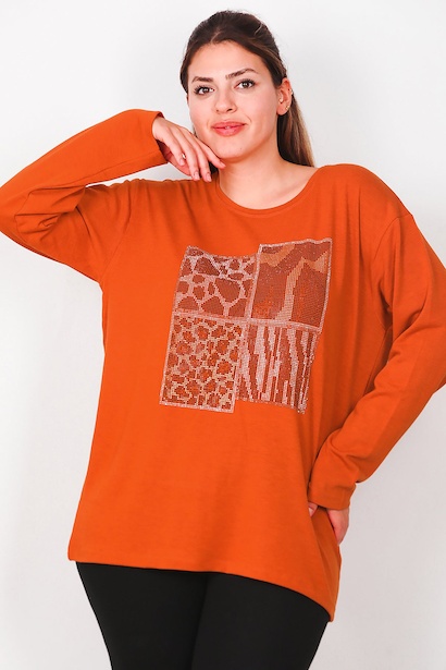 Büyük Beden Leopar Taşlı Uzun Kol Bluz 