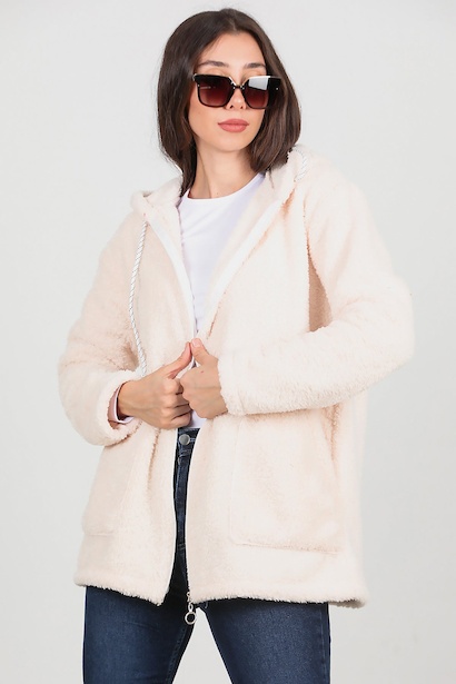 Kadın Kapşonlu Fermuarlı Peluş Ceket 
