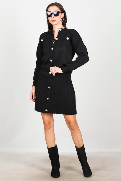 Kadın Düğmeli Etekli Triko Takım 