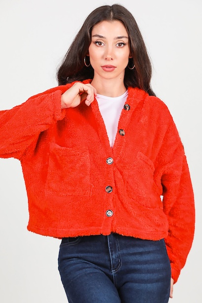 Kadın Kısa Kapşonlu Düğmeli Peluş Ceket 